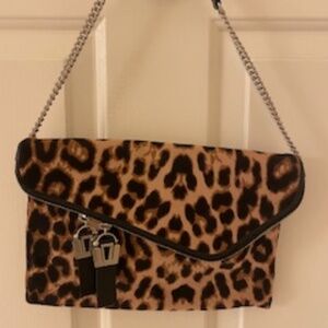 Henri Bendel Animal Print Clutch Handbag with Metal and Leather Chain